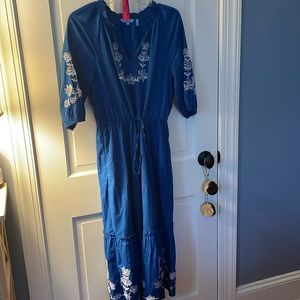 gorgeous, NWOT BoHo, feminine embroidered royal blue draper, James dress S 💋